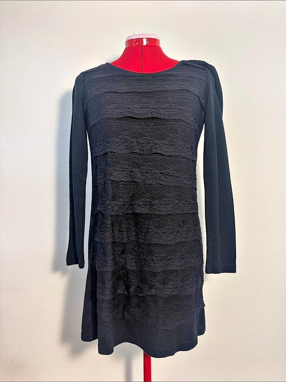 Black Long Sleeve Tunic Top/Mini Dress with Lace Detail